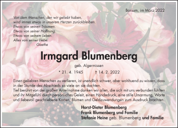 Traueranzeige von Irmgard Blumenberg von Hildesheimer Allgemeine Zeitung