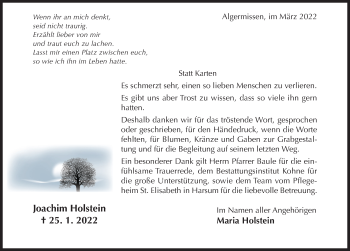 Traueranzeige von Joachim Holstein von Hildesheimer Allgemeine Zeitung