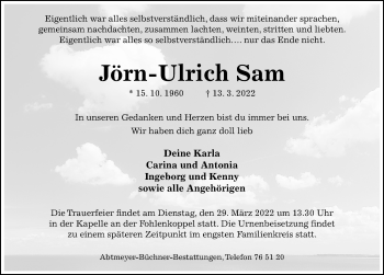 Traueranzeige von Jörn-Ulrich Sam von Hildesheimer Allgemeine Zeitung