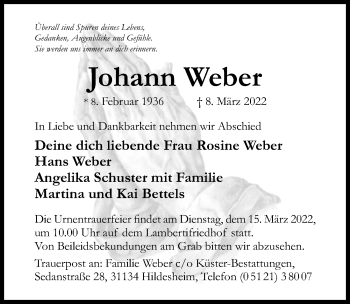 Traueranzeige von Johann Weber von Hildesheimer Allgemeine Zeitung