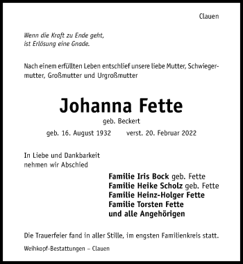 Traueranzeige von Johanna Fette von Hildesheimer Allgemeine Zeitung