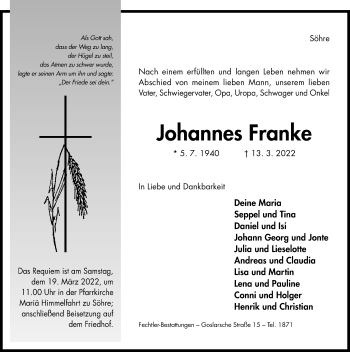 Traueranzeige von Johannes Franke von Hildesheimer Allgemeine Zeitung