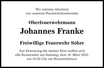 Traueranzeige von Johannes Franke von Hildesheimer Allgemeine Zeitung