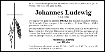 Traueranzeige von Johannes Ludewig von Hildesheimer Allgemeine Zeitung