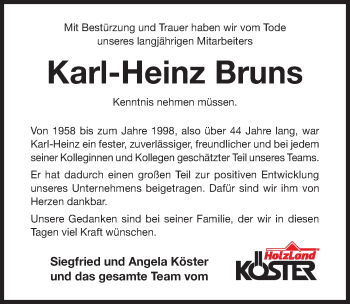 Traueranzeige von Karl-Heinz Bruns von Hildesheimer Allgemeine Zeitung