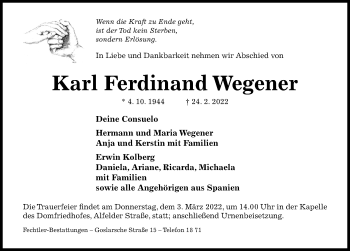 Traueranzeige von Karl Ferdinand Wegener von Hildesheimer Allgemeine Zeitung