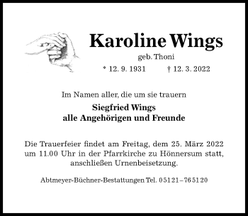 Traueranzeige von Karoline Wings von Hildesheimer Allgemeine Zeitung