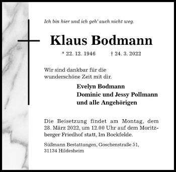 Traueranzeige von Klaus Bodmann von Hildesheimer Allgemeine Zeitung