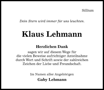 Traueranzeige von Klaus Lehmann von Hildesheimer Allgemeine Zeitung