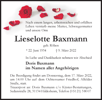 Traueranzeige von Lieselotte Baxmann von Hildesheimer Allgemeine Zeitung