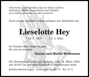 Traueranzeige von Lieselotte Hey von Hildesheimer Allgemeine Zeitung