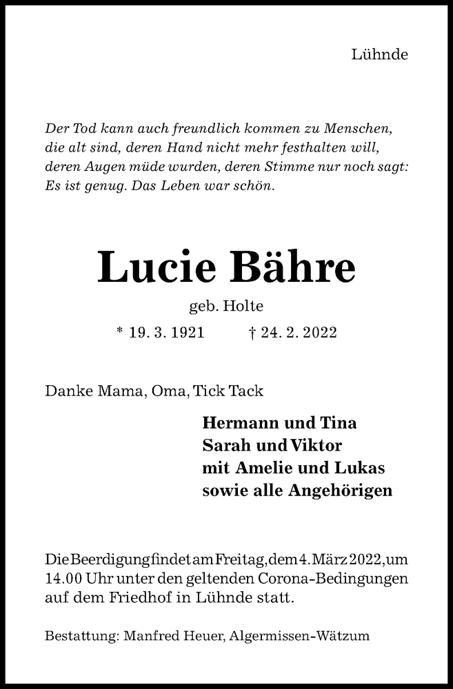  Traueranzeige für Lucie Bähre vom 01.03.2022 aus Hildesheimer Allgemeine Zeitung