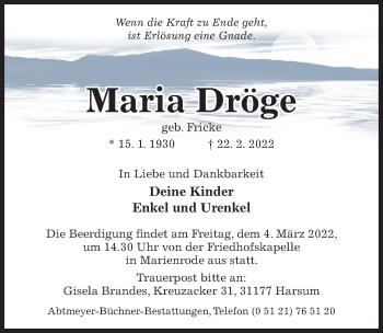 Traueranzeige von Märia Dröge von Hildesheimer Allgemeine Zeitung