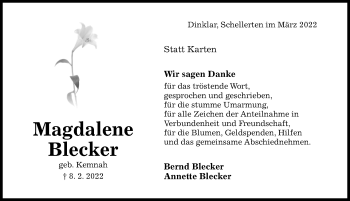 Traueranzeige von Magdalene Blecker von Hildesheimer Allgemeine Zeitung