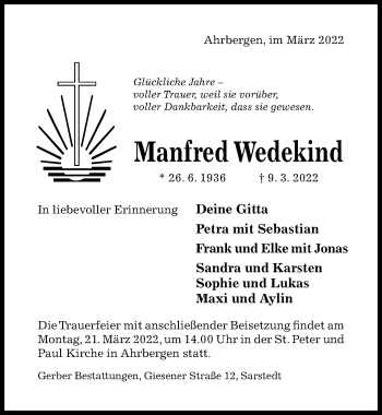 Traueranzeige von Manfred Wedekind von Hildesheimer Allgemeine Zeitung