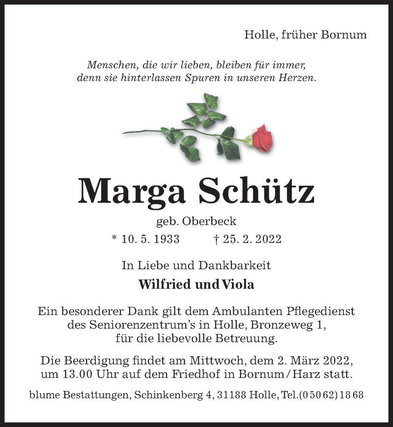  Traueranzeige für Marga Schütz vom 01.03.2022 aus Hildesheimer Allgemeine Zeitung
