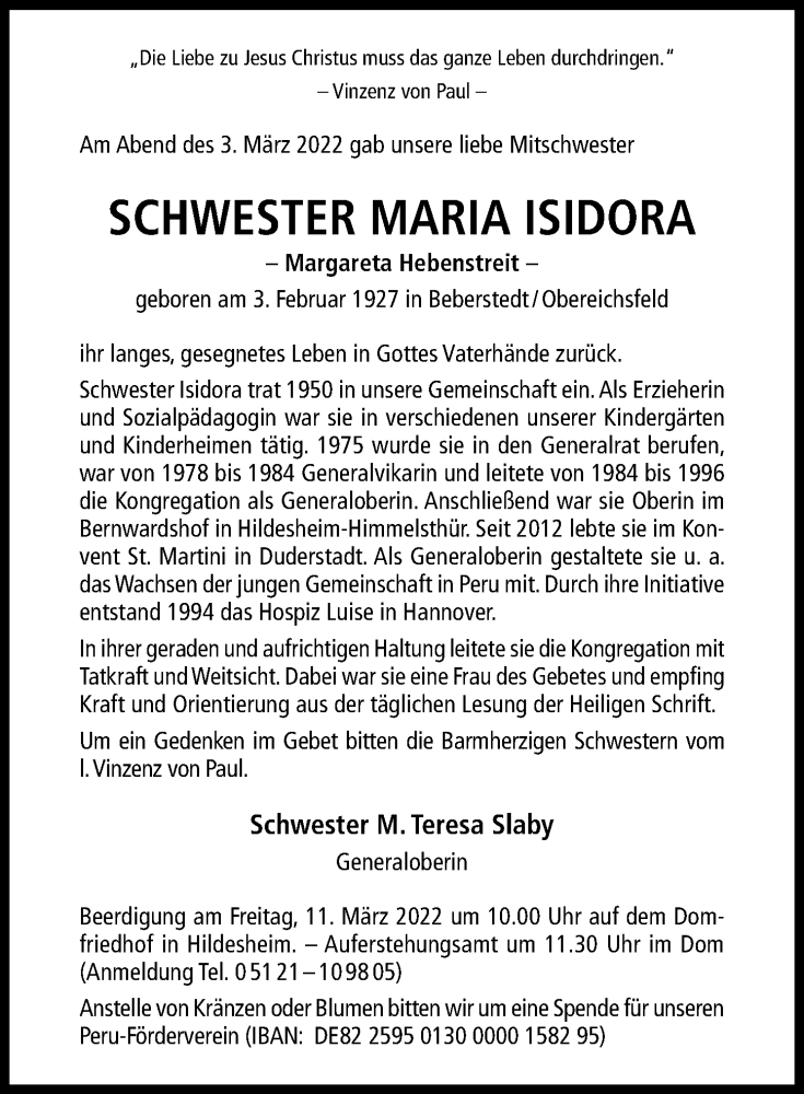  Traueranzeige für Margareta Hebenstreit vom 09.03.2022 aus Hildesheimer Allgemeine Zeitung