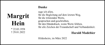 Traueranzeige von Margrit Hein von Hildesheimer Allgemeine Zeitung