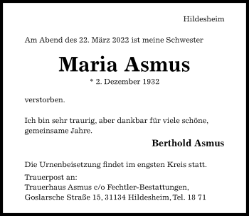 Traueranzeige von Maria Asmus von Hildesheimer Allgemeine Zeitung