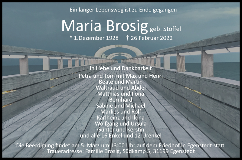  Traueranzeige für Maria Brosig vom 02.03.2022 aus Hildesheimer Allgemeine Zeitung