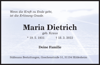 Traueranzeige von Maria Dietrich von Hildesheimer Allgemeine Zeitung