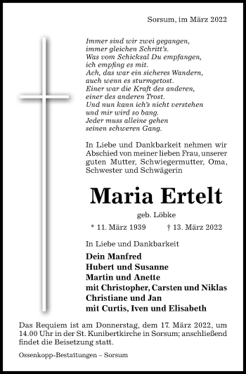 Traueranzeige von Maria Ertelt von Hildesheimer Allgemeine Zeitung