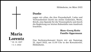 Traueranzeige von Maria Lorentz von Hildesheimer Allgemeine Zeitung