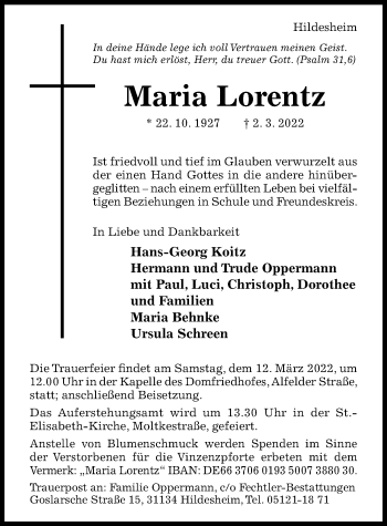 Traueranzeige von Maria Lorentz von Hildesheimer Allgemeine Zeitung
