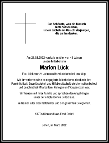 Traueranzeige von Marion Lück von Hildesheimer Allgemeine Zeitung