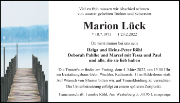 Traueranzeige von Marion Lück von Hildesheimer Allgemeine Zeitung