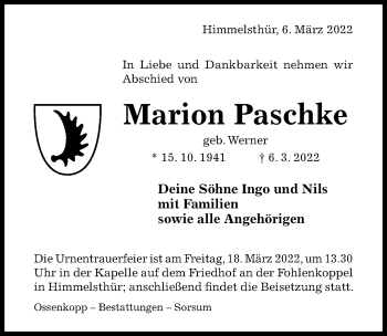 Traueranzeige von Marion Paschke von Hildesheimer Allgemeine Zeitung