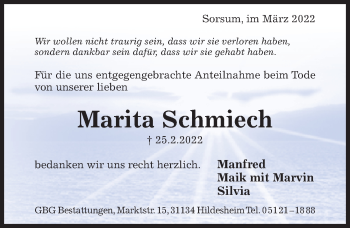 Traueranzeige von Marita Schmiech von Hildesheimer Allgemeine Zeitung