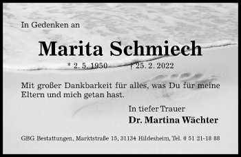 Traueranzeige von Marita Schmiech von Hildesheimer Allgemeine Zeitung