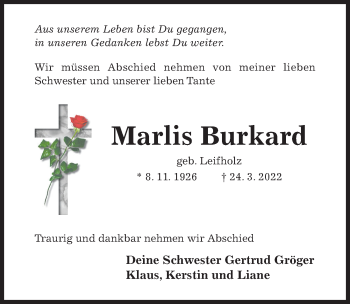 Traueranzeige von Marlis Burkard von Hildesheimer Allgemeine Zeitung