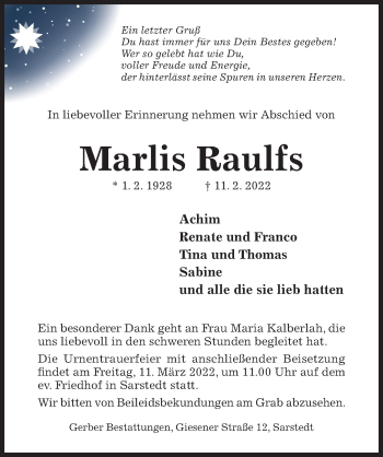 Traueranzeige von Marlis Raulfs von Hildesheimer Allgemeine Zeitung