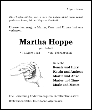 Traueranzeige von Martha Hoppe von Hildesheimer Allgemeine Zeitung