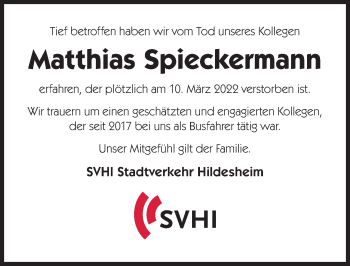 Traueranzeige von Matthias Spieckermann von Hildesheimer Allgemeine Zeitung