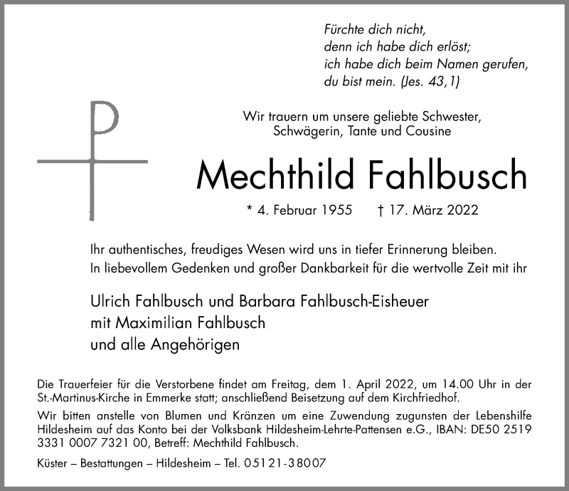  Traueranzeige für Mechthild Fahlbusch vom 26.03.2022 aus Hildesheimer Allgemeine Zeitung