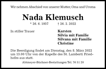 Traueranzeige von Nada Klemusch von Hildesheimer Allgemeine Zeitung
