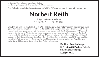 Traueranzeige von Norbert Reith von Hildesheimer Allgemeine Zeitung