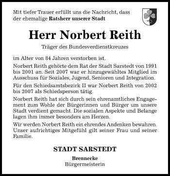 Traueranzeige von Norbert Reith von Hildesheimer Allgemeine Zeitung