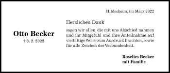 Traueranzeige von Otto Becker von Hildesheimer Allgemeine Zeitung