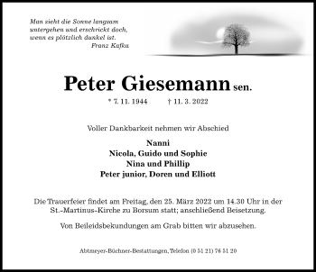 Traueranzeige von Peter Giesemann von Hildesheimer Allgemeine Zeitung