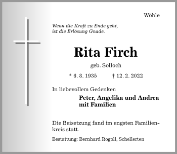 Traueranzeige von Rita Firch von Hildesheimer Allgemeine Zeitung