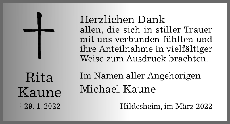  Traueranzeige für Rita Kaune vom 02.03.2022 aus Hildesheimer Allgemeine Zeitung