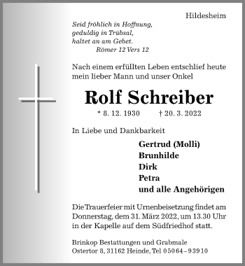 Traueranzeige von Rolf Schreiber von Hildesheimer Allgemeine Zeitung