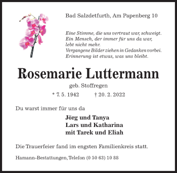 Traueranzeige von Rosemarie Luttermann von Hildesheimer Allgemeine Zeitung