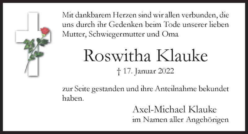  Traueranzeige für Roswitha Klauke vom 05.03.2022 aus Hildesheimer Allgemeine Zeitung