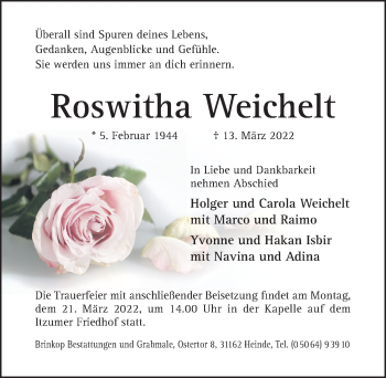 Traueranzeige von Roswitha Weichelt von Hildesheimer Allgemeine Zeitung