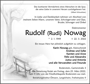 Traueranzeige von Rudolf Nowag von Hildesheimer Allgemeine Zeitung